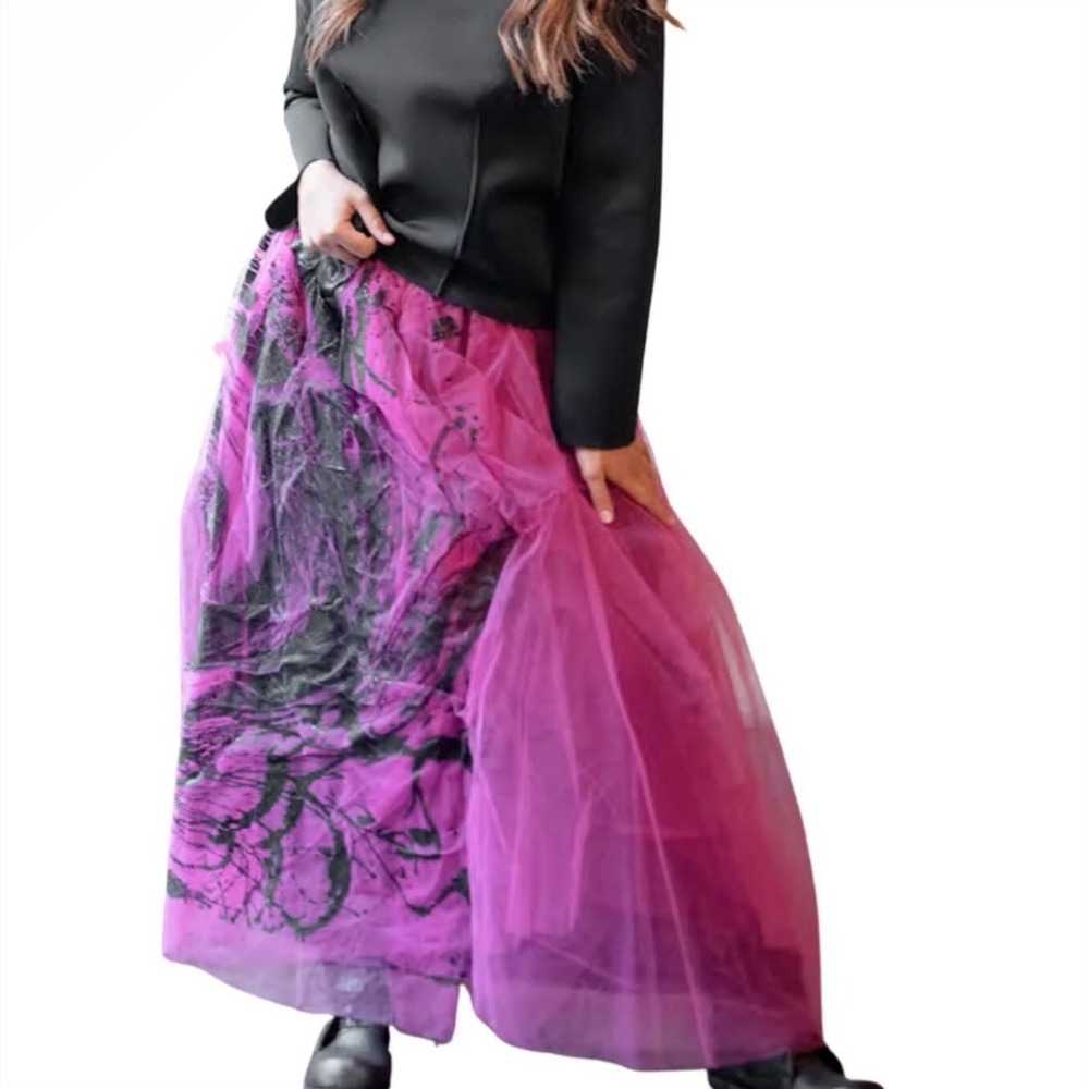 Bread & Butter Italy Pink Black Abstract Tulle Maxi Skirt Womens Medium